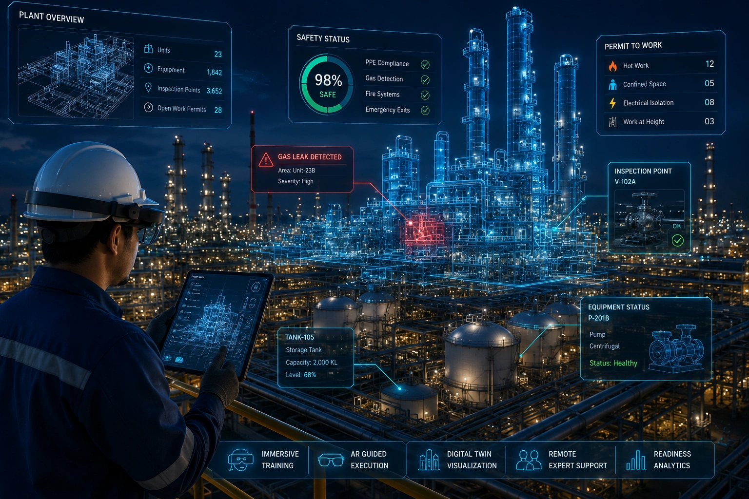 Refinery digital twin with process safety, permit-to-work, inspection, and readiness analytics overlays
