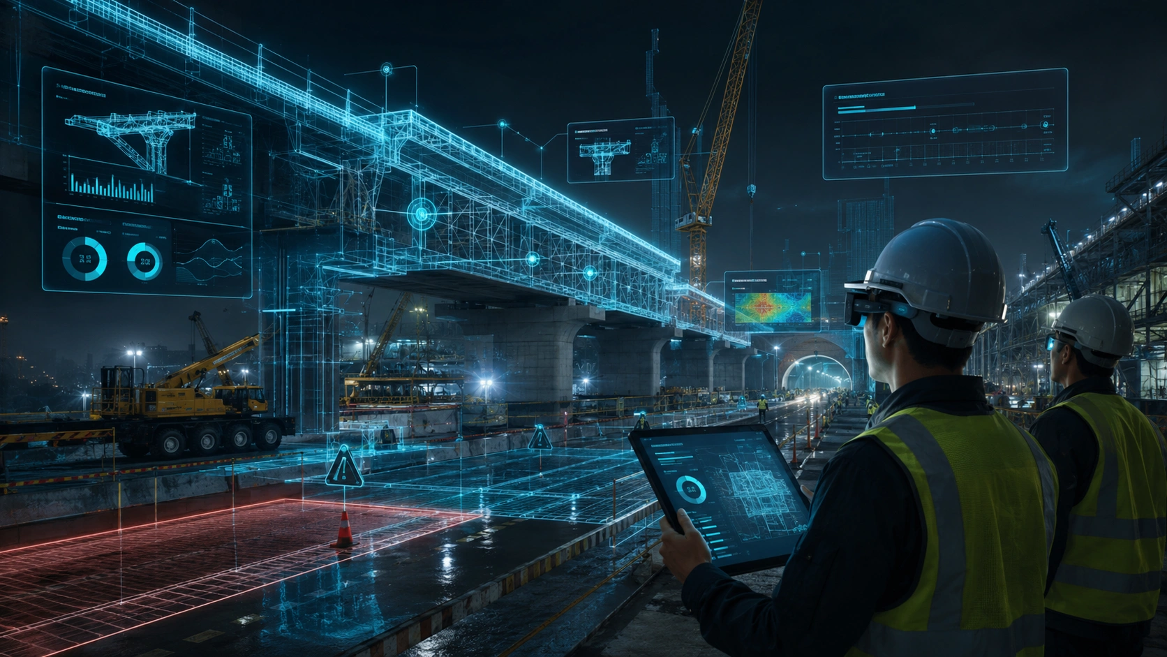 Infrastructure project site with bridge digital twin, AR inspection overlays, and field engineers using tablet guidance