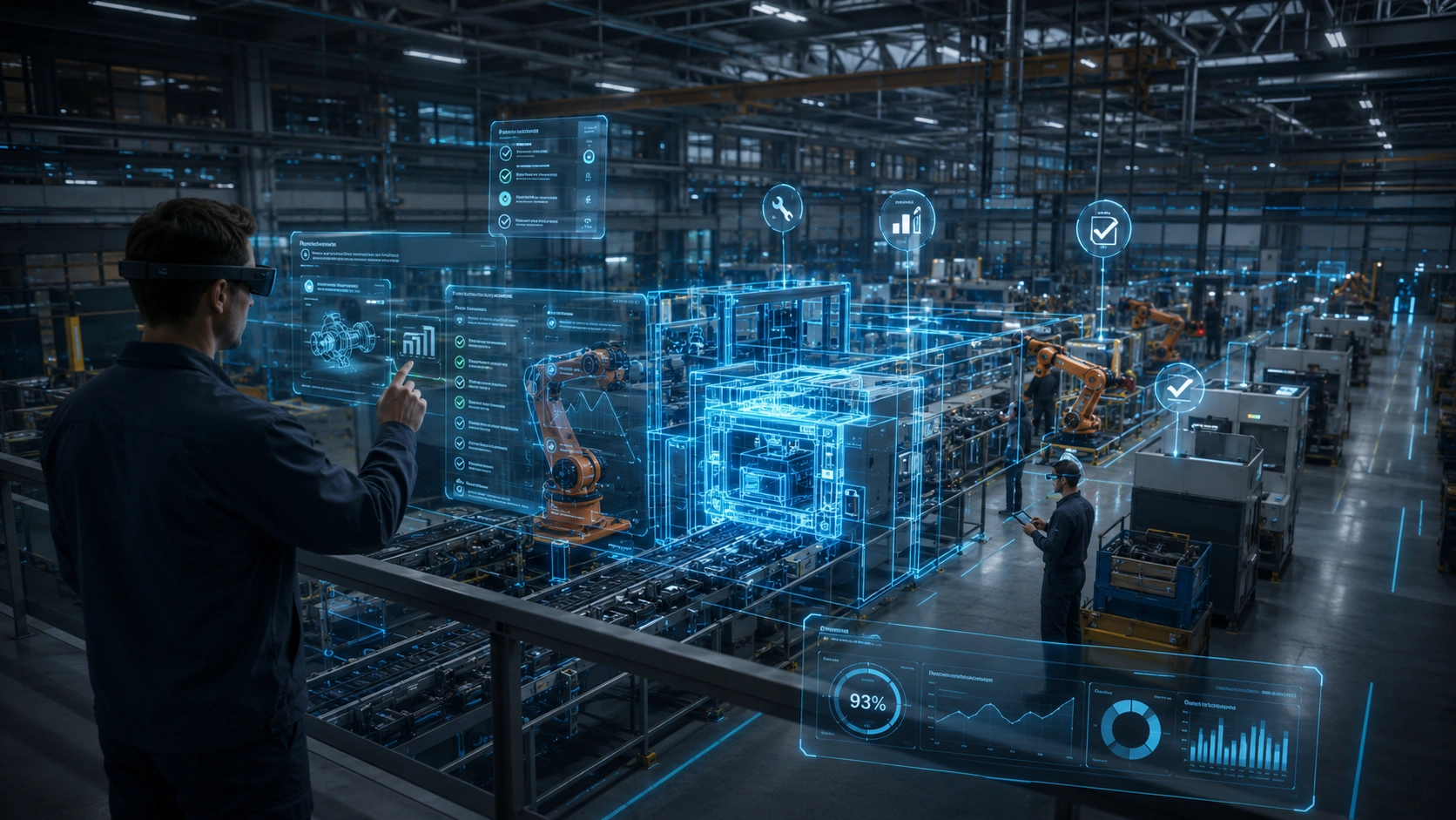 Manufacturing facility with digital twin overlays, AR guidance, robotic cells, and readiness analytics dashboards