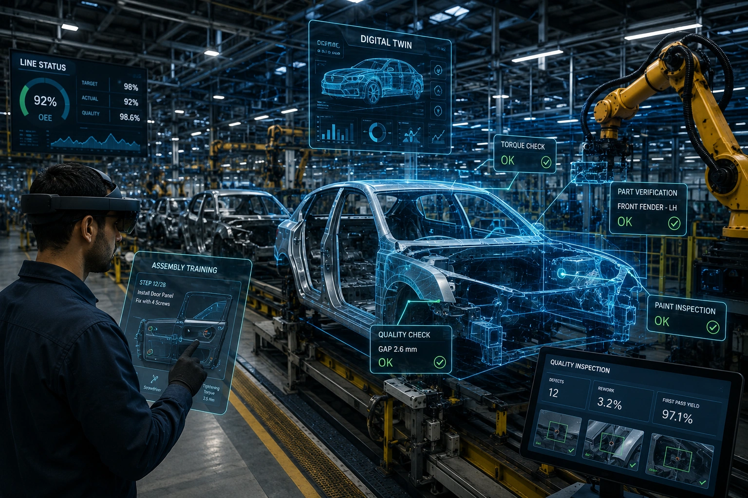 Automotive production line with digital twin, XR assembly training, and quality inspection overlays