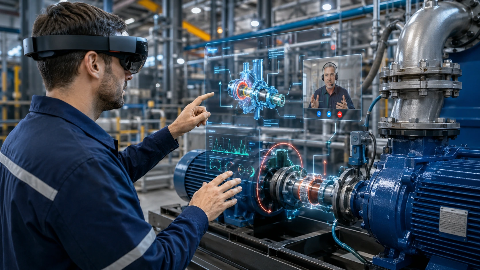 Engineers using VR headsets with robotic equipment for Aatral enterprise XR training and industrial operations