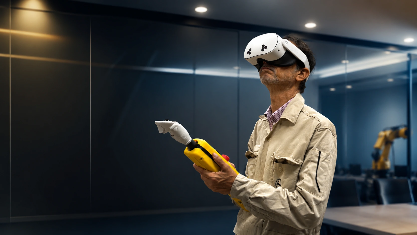 Client using pendant crane for industrial crane simulator training context