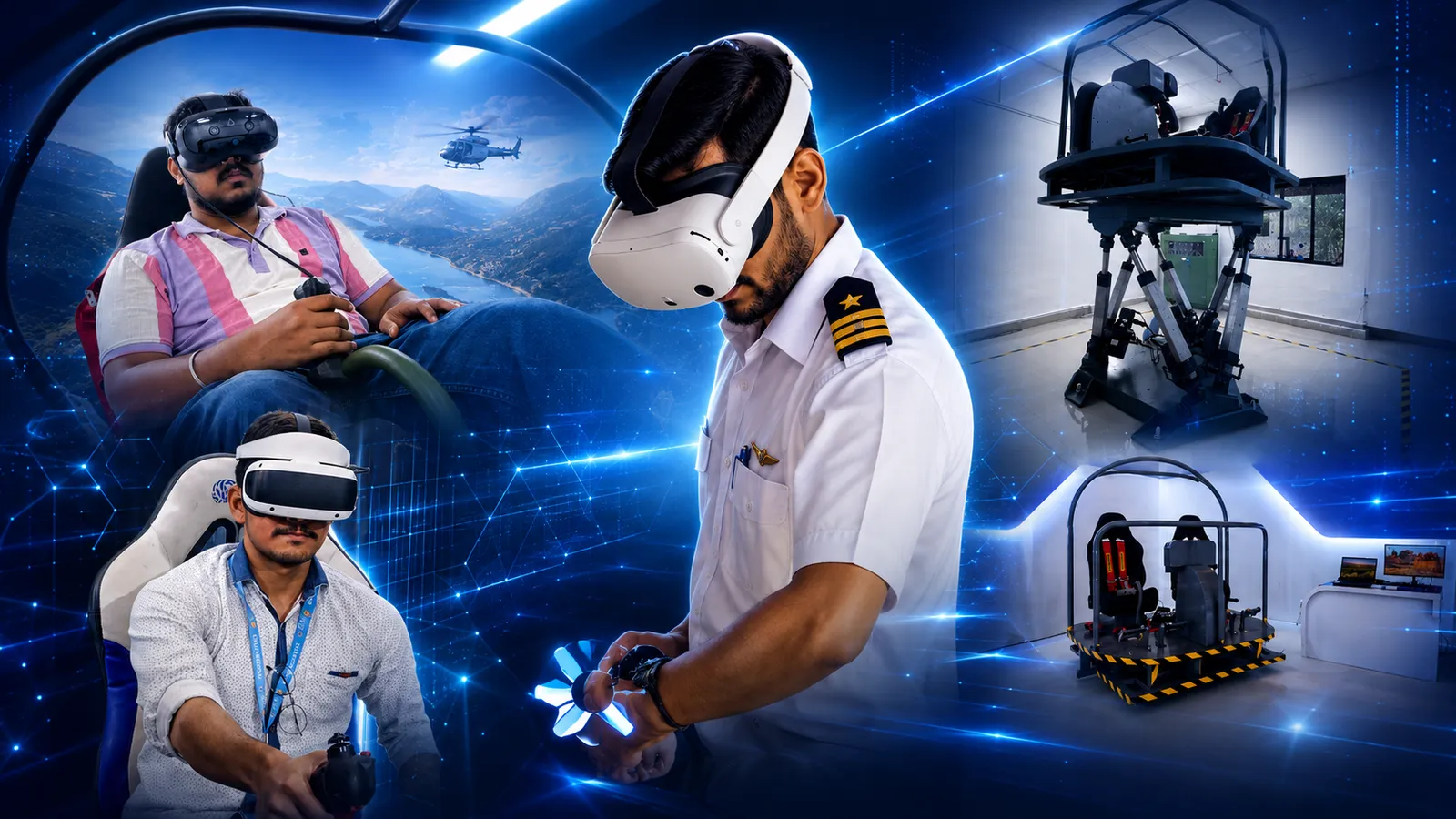 Aatral flight and mission simulators with VR pilot training, helicopter flight familiarization, and a six-axis motion platform