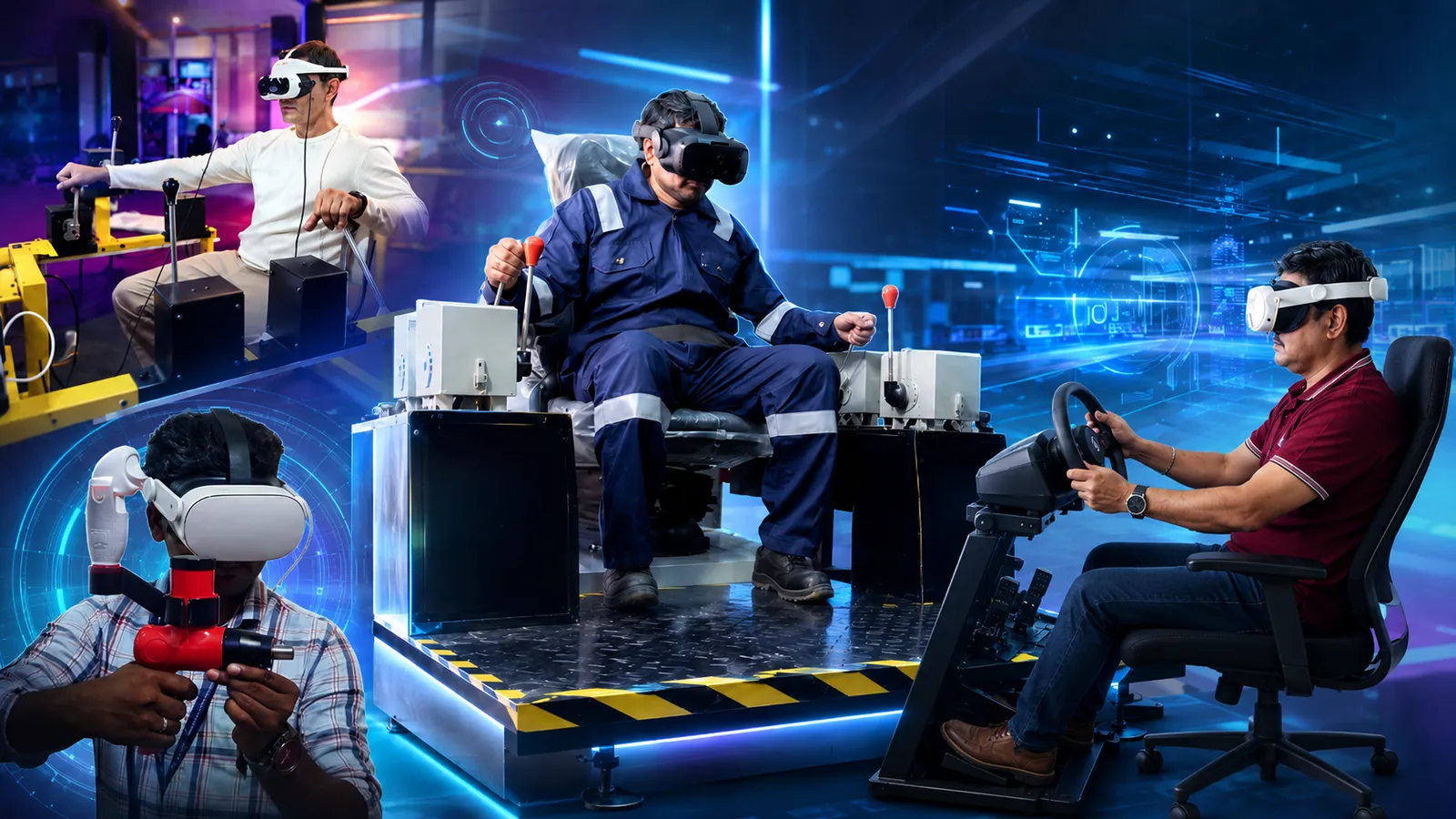 Aatral custom simulators — VR crane, industrial equipment, and driving simulators with physical controls and motion platform