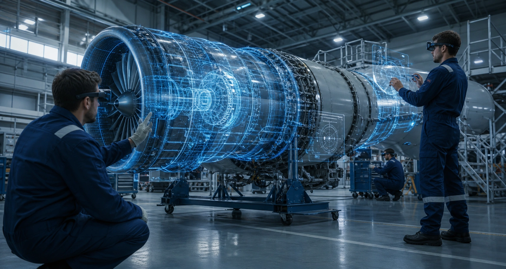 Aerospace maintenance hangar with AR smart glasses and aircraft engine digital twin for defence XR simulation