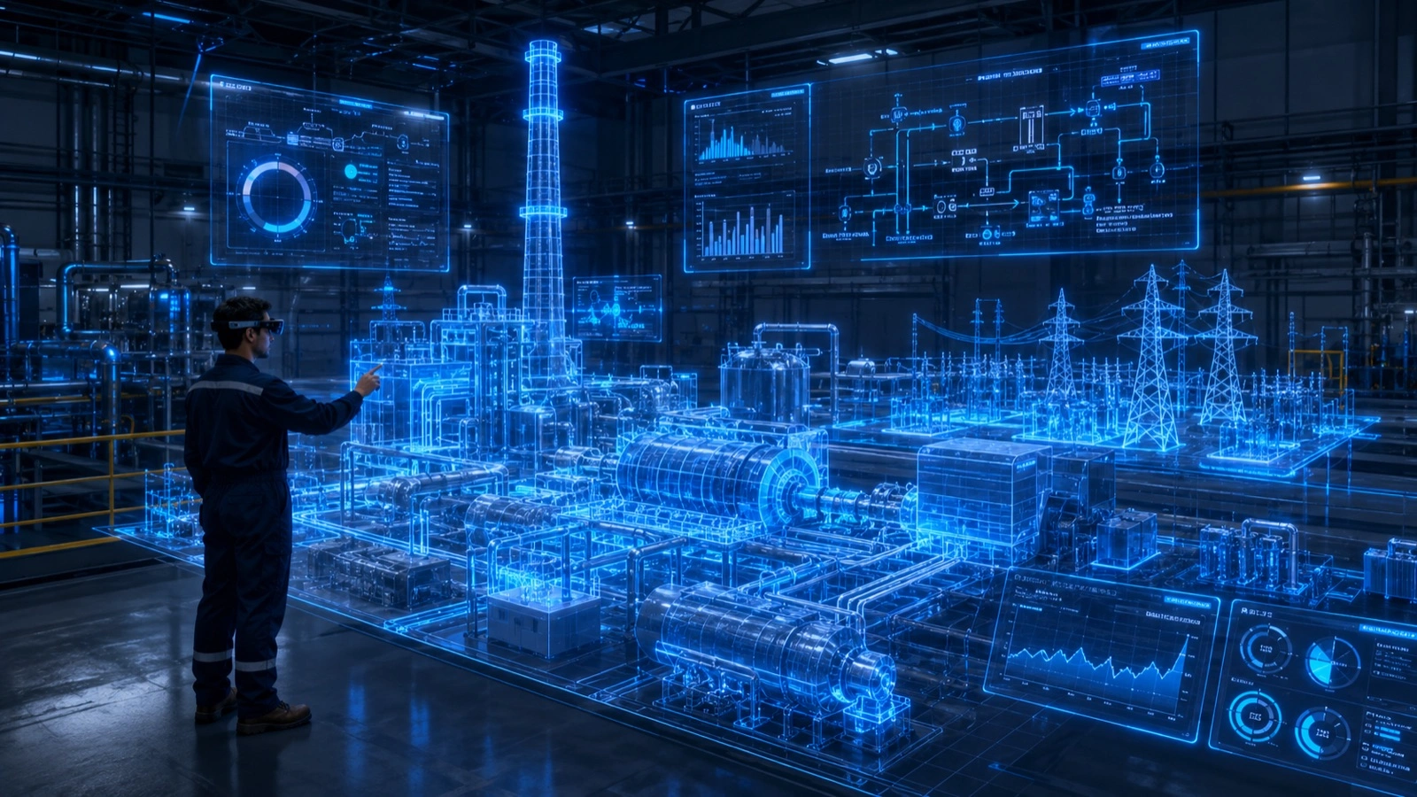 Engineer using AR smart glasses to inspect a holographic digital twin of a power plant with turbines, transmission towers, and live monitoring dashboards