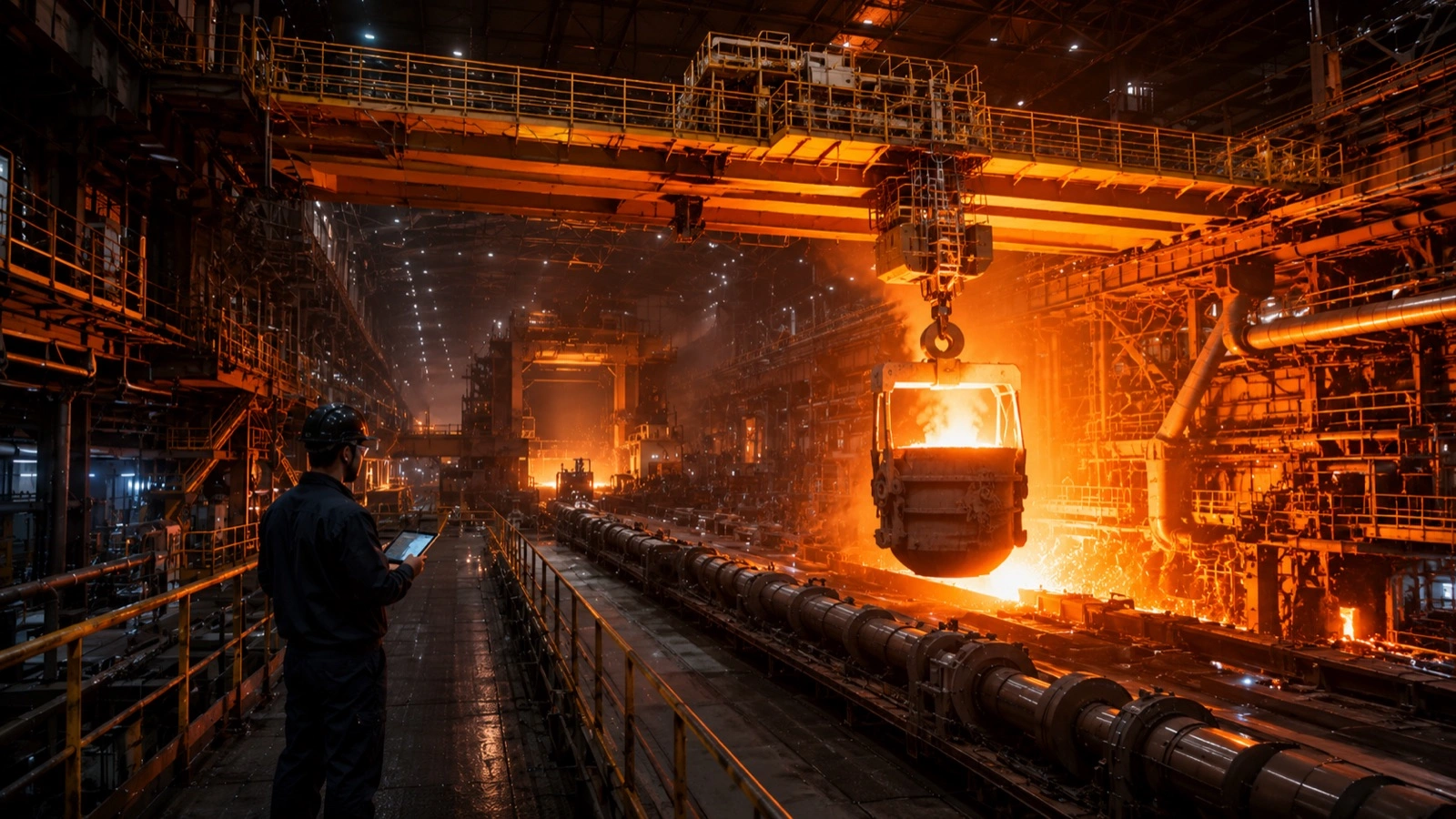 Steel plant operator using a tablet beside an EOT crane lifting a glowing ladle of molten steel over a rolling mill line
