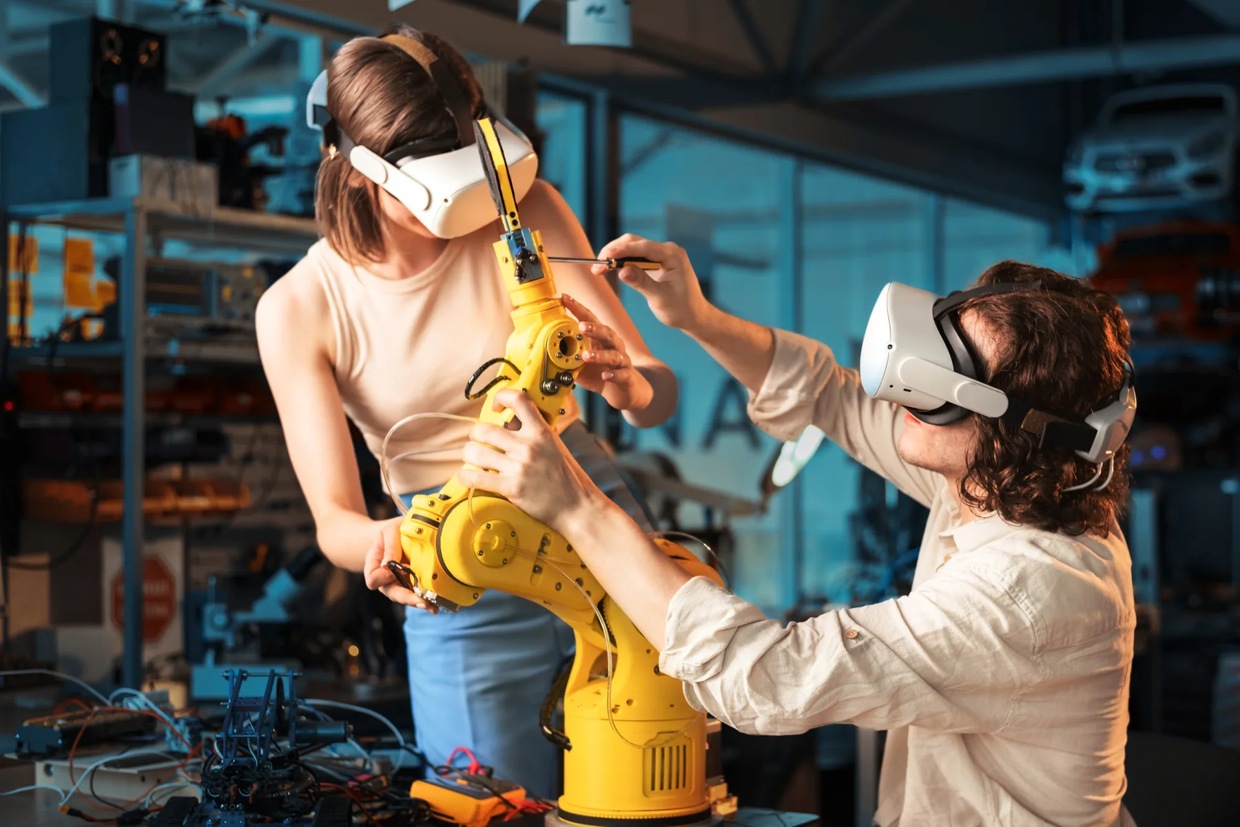 Team using VR to review and validate an industrial layout before implementation