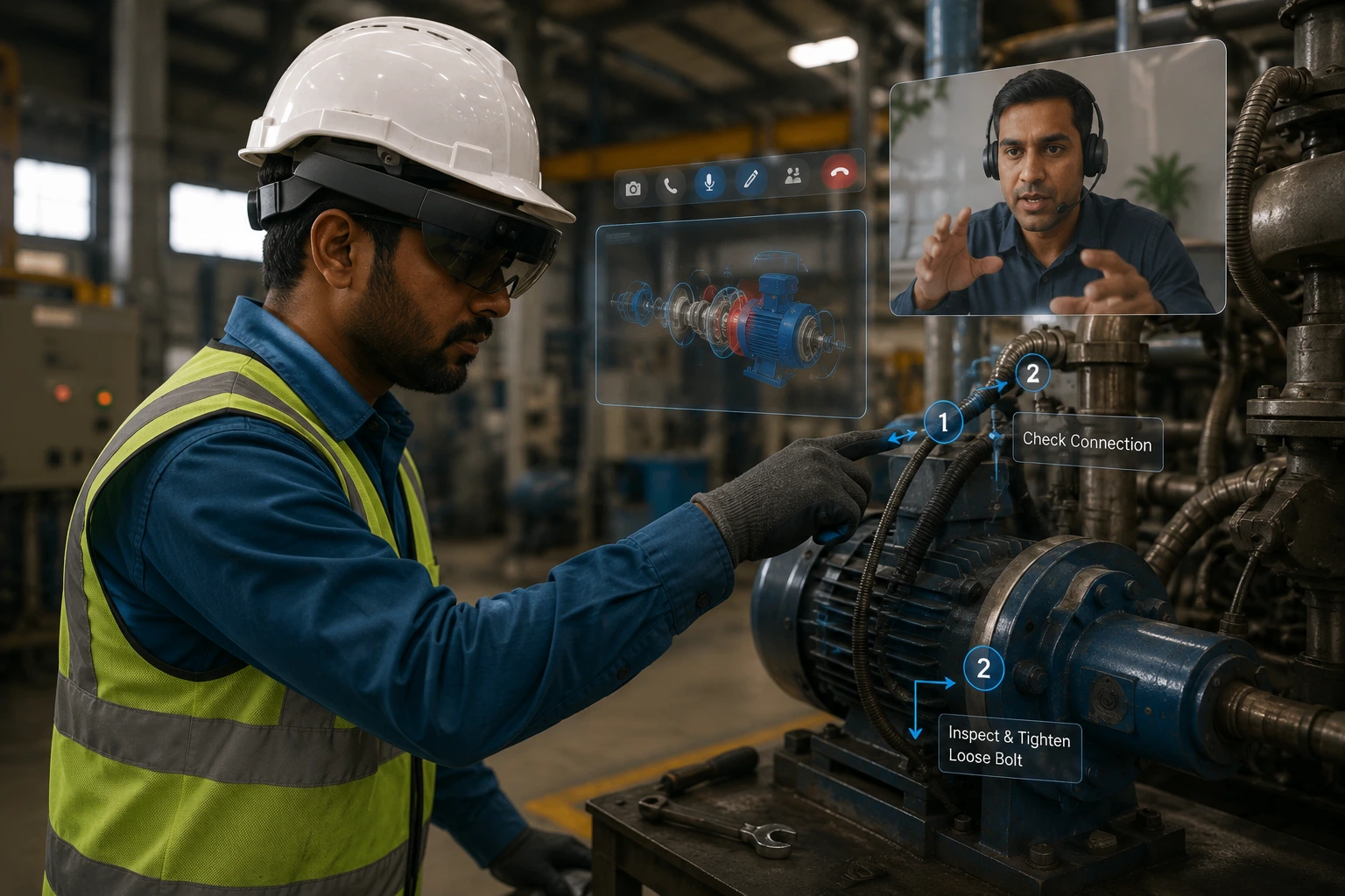 Industrial specialist in safety gear carrying out a guided inspection and troubleshooting task
