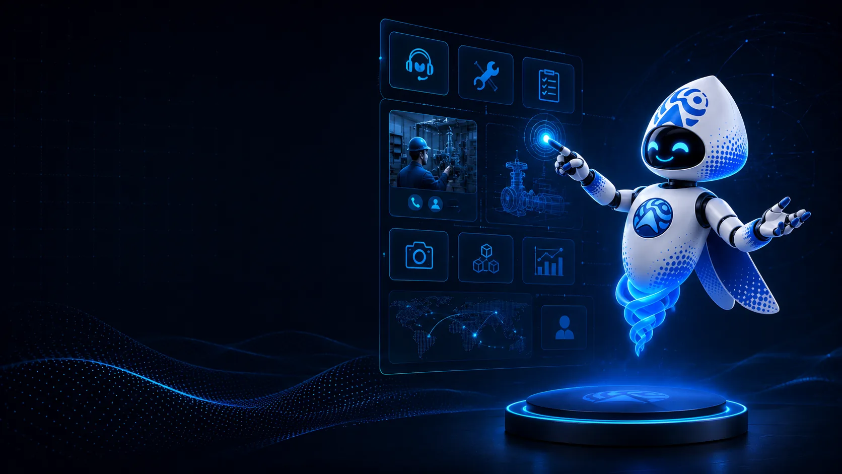 Aatral's Arivu assistant pointing to a holographic smart-guidance dashboard showing remote expert video support, equipment schematics, inspection capture, and analytics panels
