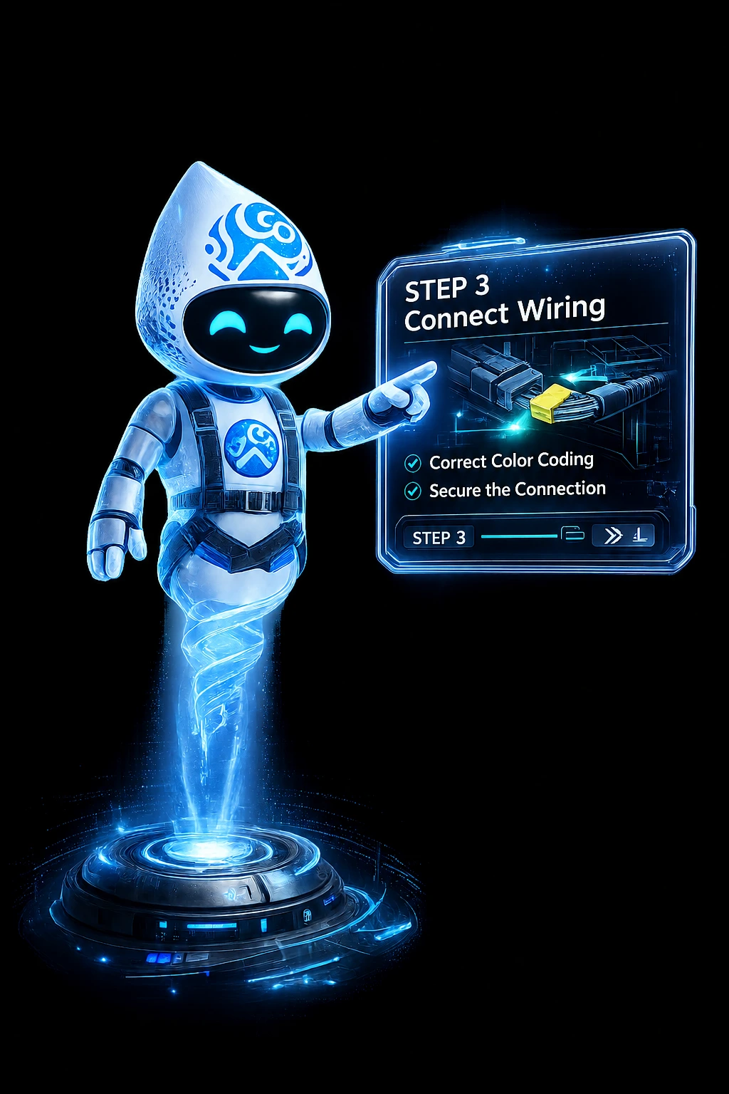 Arivu, the Aatral mascot, presenting step-by-step DOST guidance on a holographic panel for connecting a wiring harness