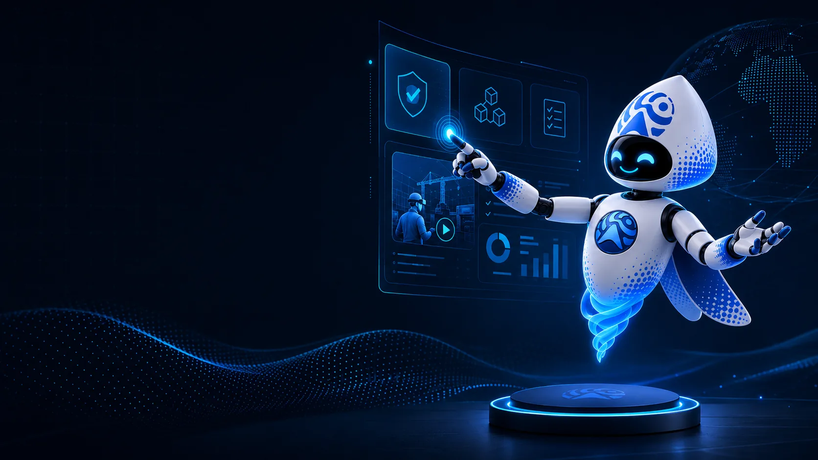 Aatral's Arivu assistant pointing to a holographic XR training dashboard with safety, module, checklist, and analytics panels