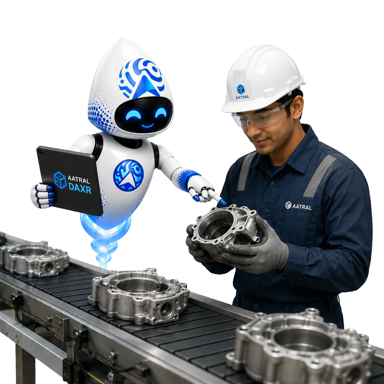 Arivu, the Aatral mascot, guiding a technician through a component inspection on a production line using DAXR