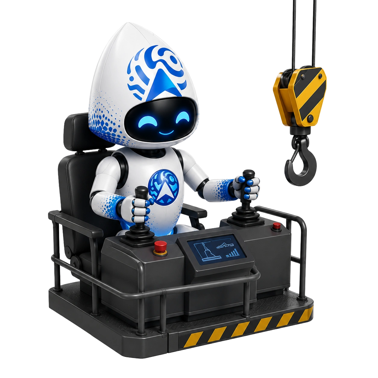 Arivu, the Aatral mascot, operating a crane from a simulator seat with twin joysticks and a crane hook