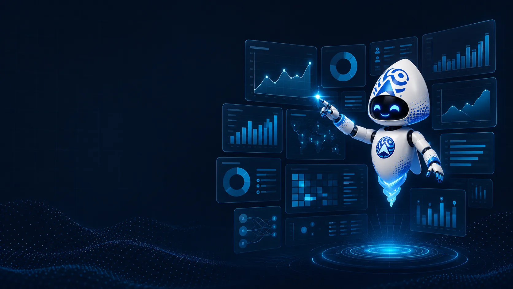 Aatral's Arivu assistant pointing to a wall of holographic analytics dashboards showing training performance trends, readiness gauges, adoption maps, and workforce insights